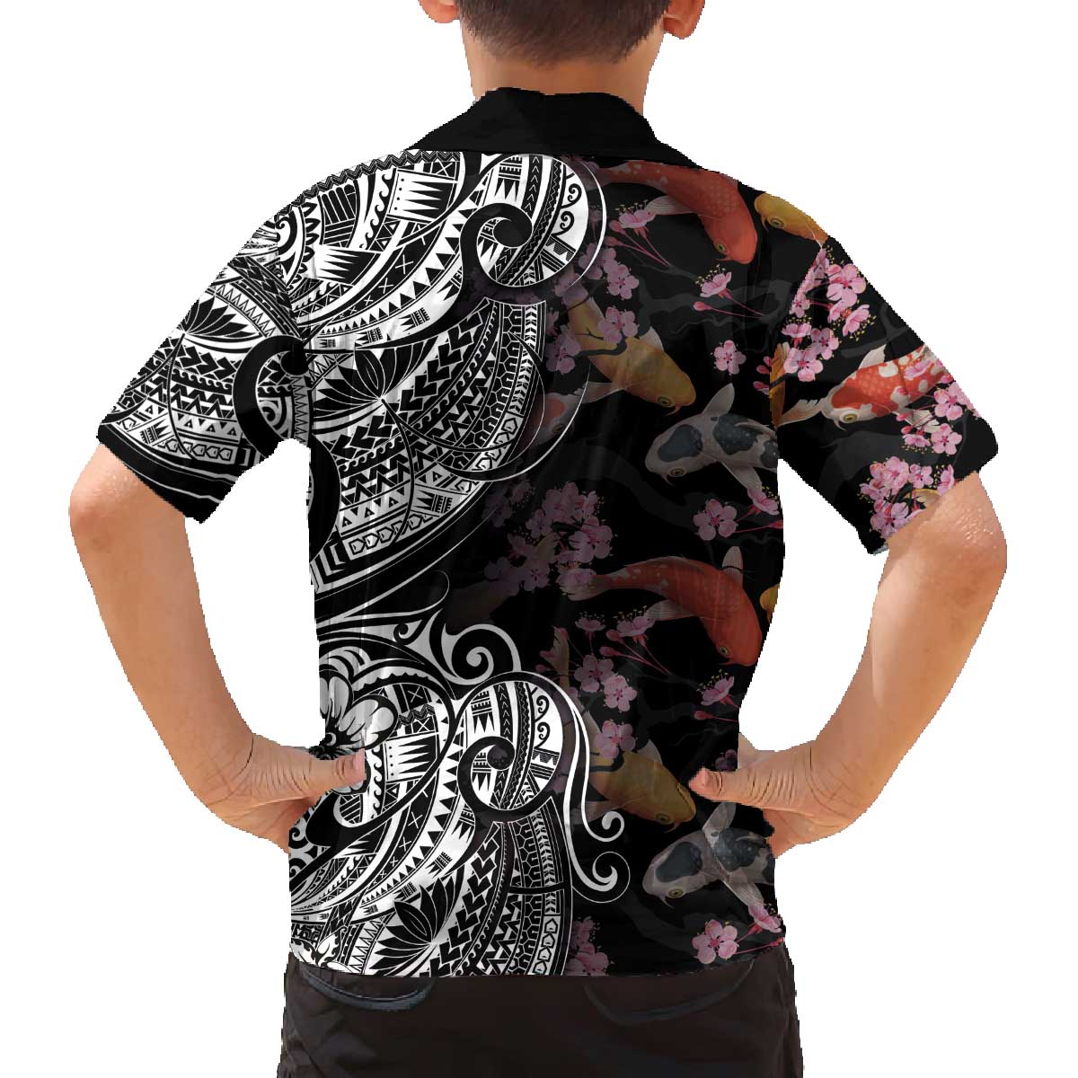 Hawaiian and Japanese Together Family Matching Puletasi and Hawaiian Shirt Polynesian Triball Tattoo Koi Carps and Sakura LT03 - Polynesian Pride