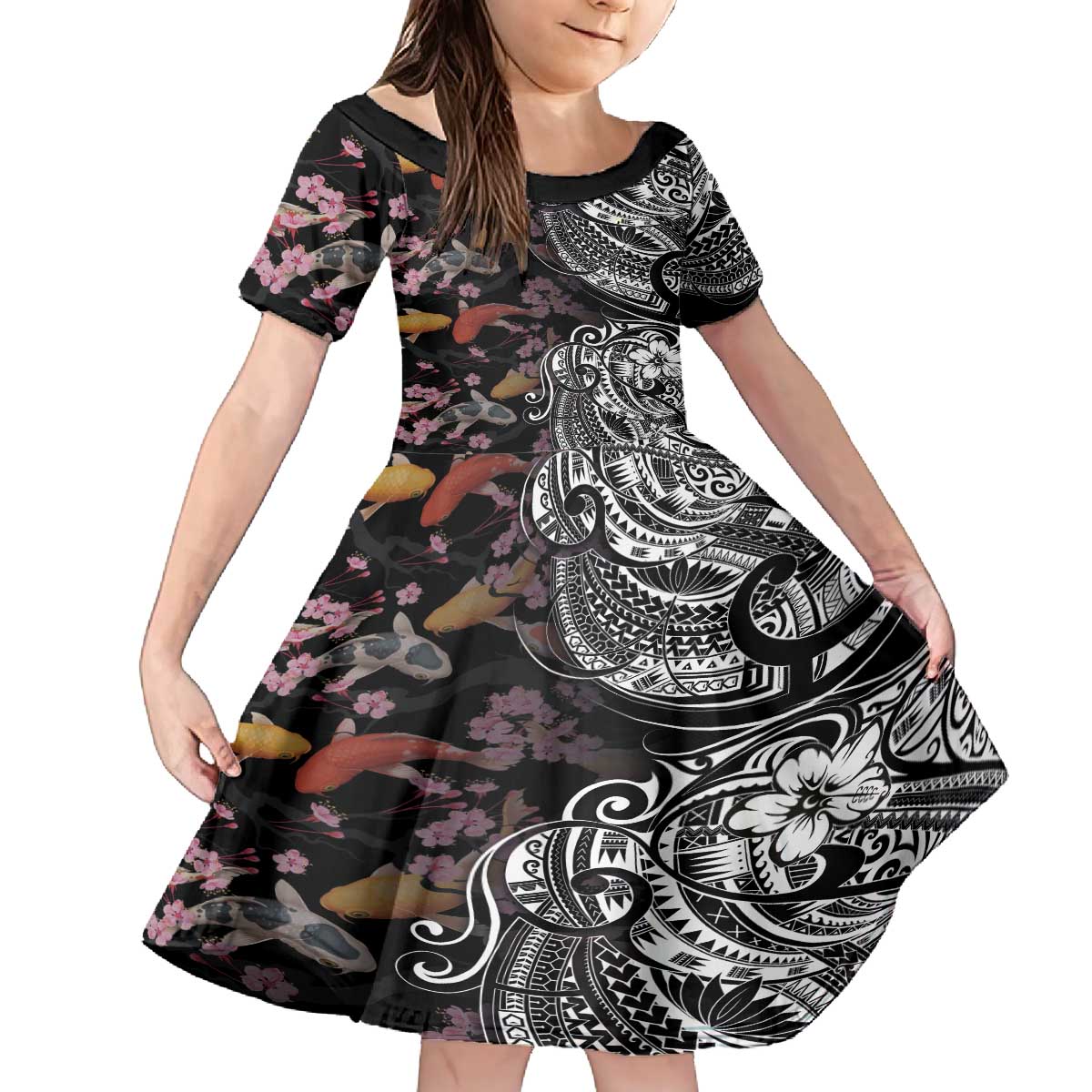 Hawaiian and Japanese Together Family Matching Puletasi and Hawaiian Shirt Polynesian Triball Tattoo Koi Carps and Sakura LT03 Daughter's Dress Black - Polynesian Pride