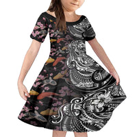 Hawaiian and Japanese Together Family Matching Puletasi and Hawaiian Shirt Polynesian Triball Tattoo Koi Carps and Sakura LT03 Daughter's Dress Black - Polynesian Pride