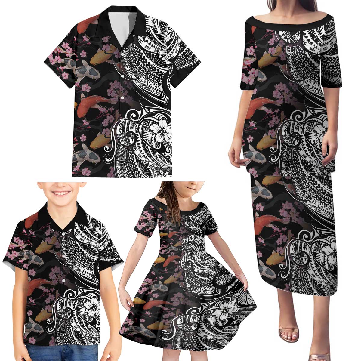 Hawaiian and Japanese Together Family Matching Puletasi and Hawaiian Shirt Polynesian Triball Tattoo Koi Carps and Sakura LT03 - Polynesian Pride