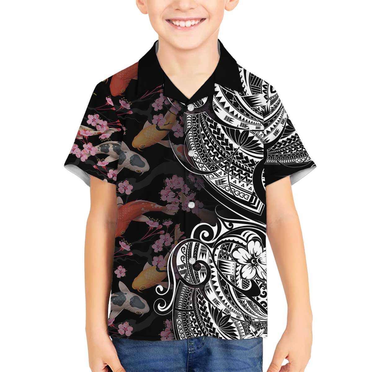 Hawaiian and Japanese Together Family Matching Puletasi and Hawaiian Shirt Polynesian Triball Tattoo Koi Carps and Sakura LT03 Son's Shirt Black - Polynesian Pride