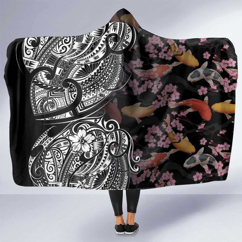 Hawaiian and Japanese Together Hooded Blanket Polynesian Triball Tattoo Koi Carps and Sakura