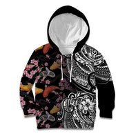 Hawaiian and Japanese Together Kid Hoodie Polynesian Triball Tattoo Koi Carps and Sakura