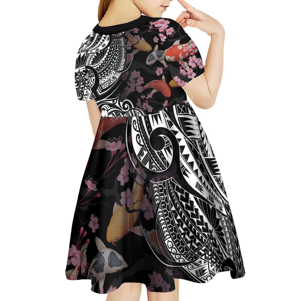 Hawaiian and Japanese Together Kid Short Sleeve Dress Polynesian Triball Tattoo Koi Carps and Sakura