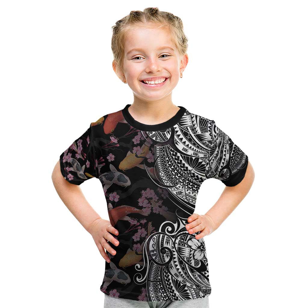 Hawaiian and Japanese Together Kid T Shirt Polynesian Triball Tattoo Koi Carps and Sakura