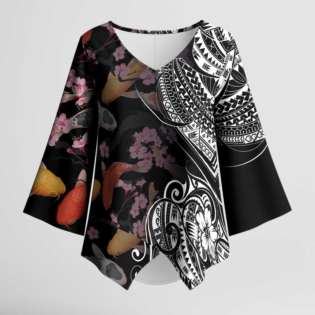 Hawaiian and Japanese Together Kimono Sleeve Blouse Polynesian Triball Tattoo Koi Carps and Sakura - Polynesian Pride