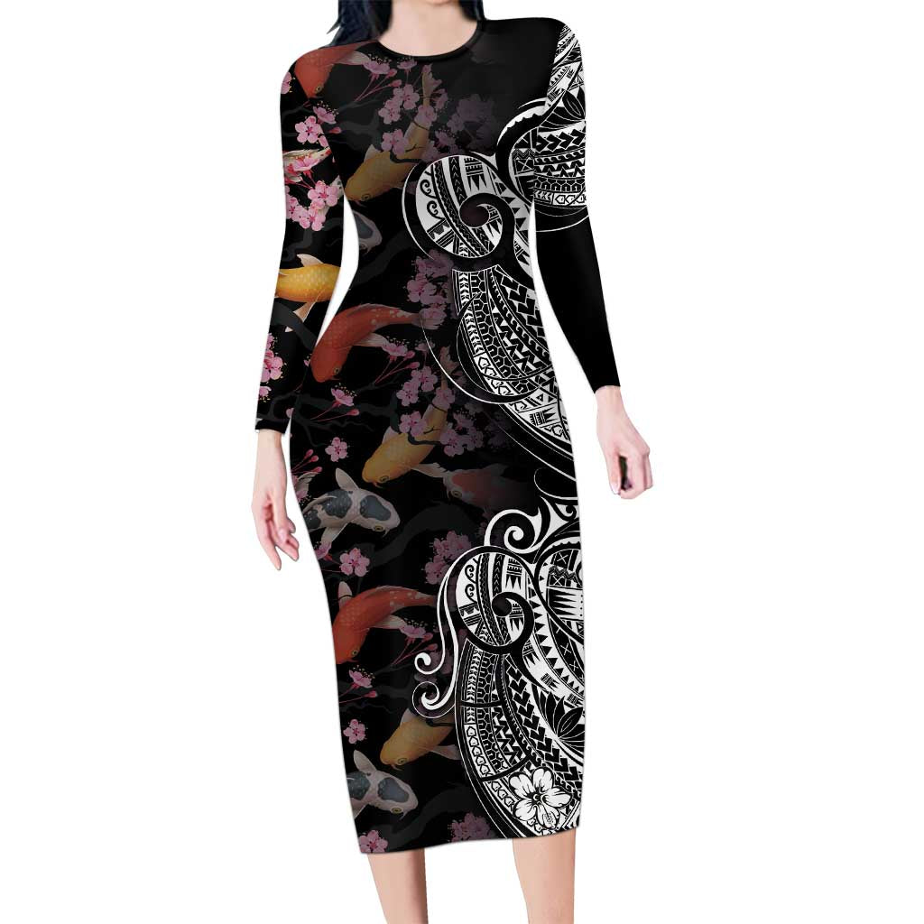 Hawaiian and Japanese Together Long Sleeve Bodycon Dress Polynesian Triball Tattoo Koi Carps and Sakura LT03 Long Dress Black - Polynesian Pride
