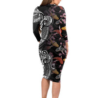 Hawaiian and Japanese Together Long Sleeve Bodycon Dress Polynesian Triball Tattoo Koi Carps and Sakura LT03 - Polynesian Pride