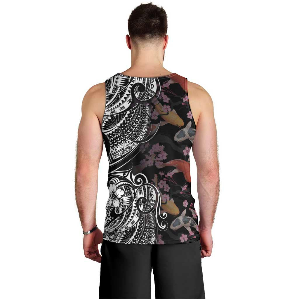 Hawaiian and Japanese Together Men Tank Top Polynesian Triball Tattoo Koi Carps and Sakura