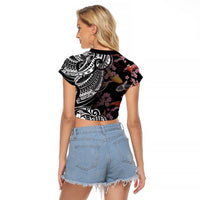 Hawaiian and Japanese Together Raglan Cropped T Shirt Polynesian Triball Tattoo Koi Carps and Sakura
