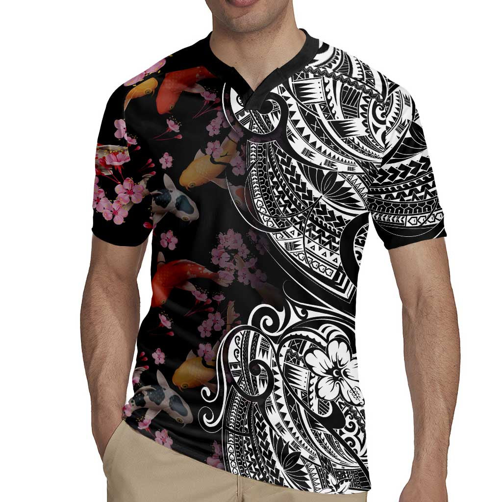 Hawaiian and Japanese Together Rugby Jersey Polynesian Triball Tattoo Koi Carps and Sakura