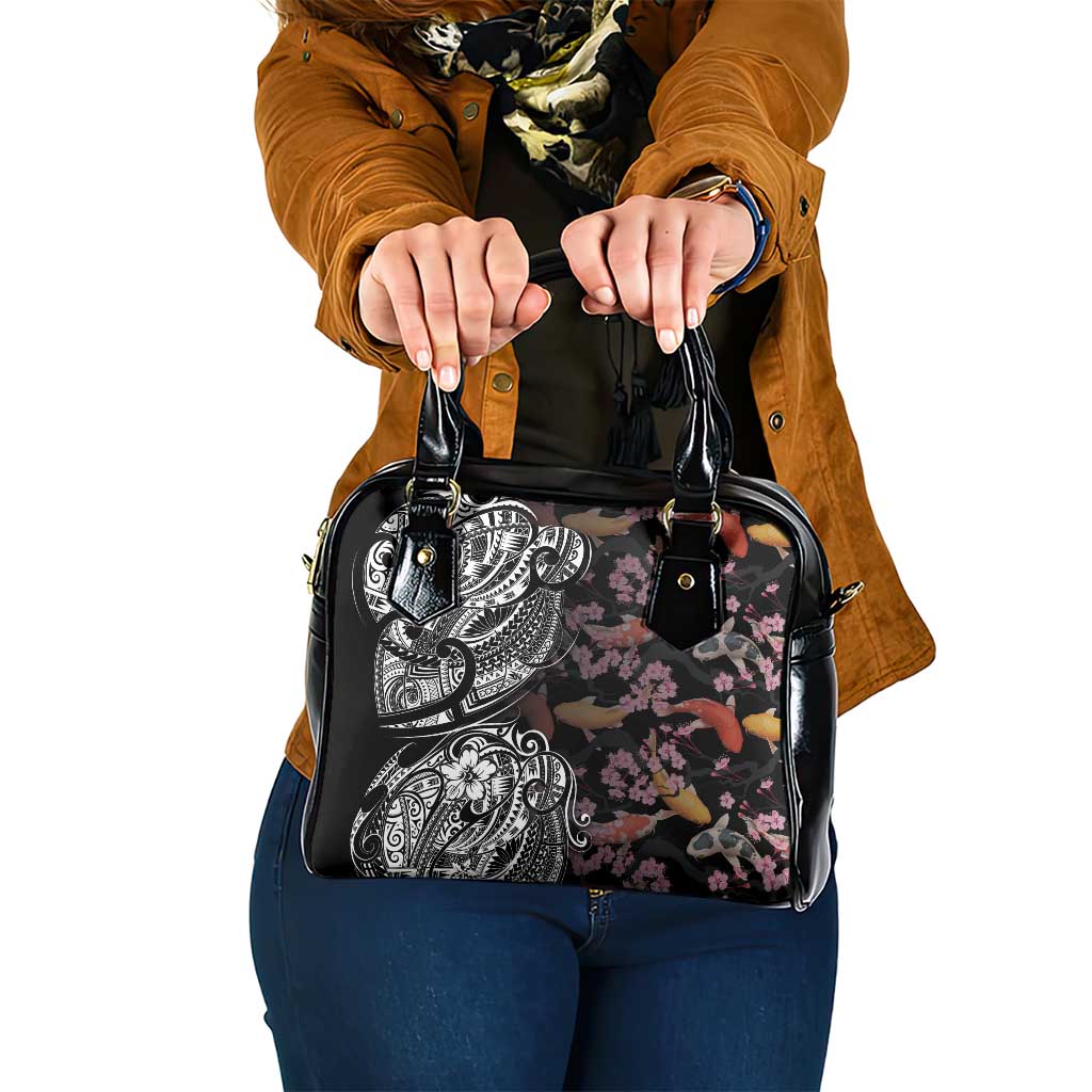 Hawaiian and Japanese Together Shoulder Handbag Polynesian Triball Tattoo Koi Carps and Sakura LT03 One Size Black - Polynesian Pride
