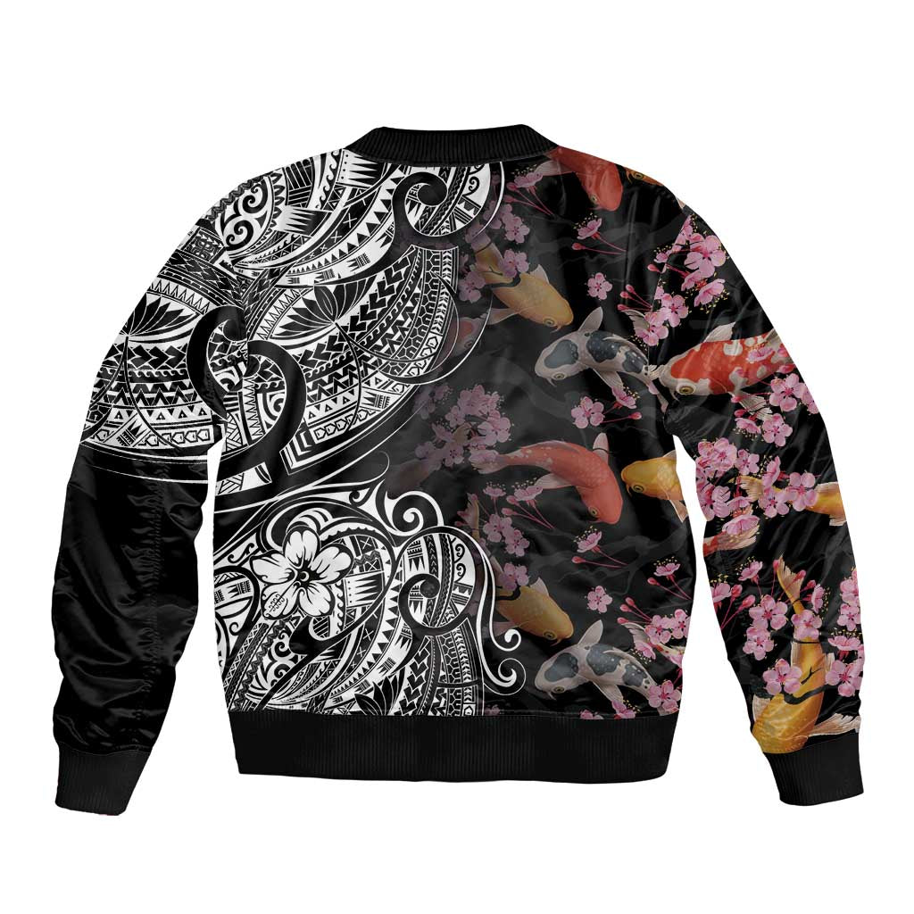Hawaiian and Japanese Together Sleeve Zip Bomber Jacket Polynesian Triball Tattoo Koi Carps and Sakura LT03 - Polynesian Pride