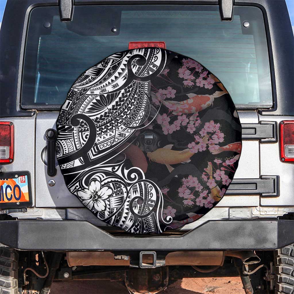 Hawaiian and Japanese Together Spare Tire Cover Polynesian Triball Tattoo Koi Carps and Sakura