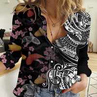 Hawaiian and Japanese Together Women Casual Shirt Polynesian Triball Tattoo Koi Carps and Sakura