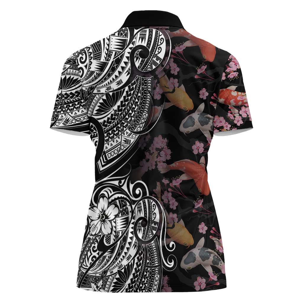 Hawaiian and Japanese Together Women Polo Shirt Polynesian Triball Tattoo Koi Carps and Sakura