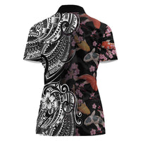 Hawaiian and Japanese Together Women Polo Shirt Polynesian Triball Tattoo Koi Carps and Sakura