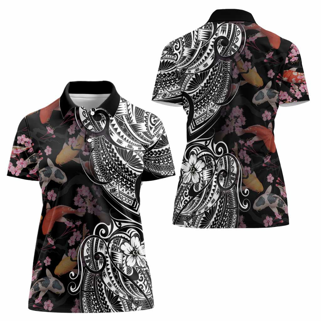 Hawaiian and Japanese Together Women Polo Shirt Polynesian Triball Tattoo Koi Carps and Sakura