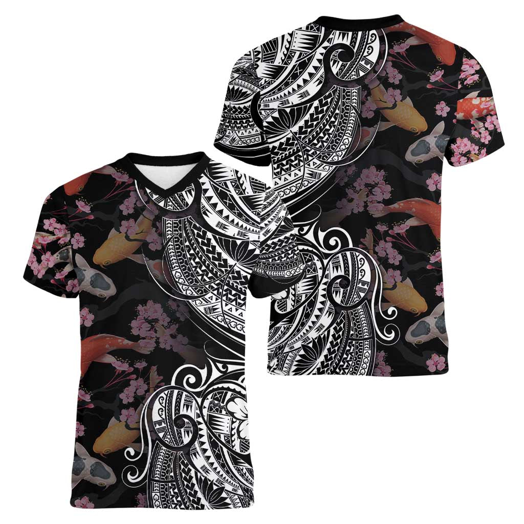 Hawaiian and Japanese Together Women V-Neck T-Shirt Polynesian Triball Tattoo Koi Carps and Sakura