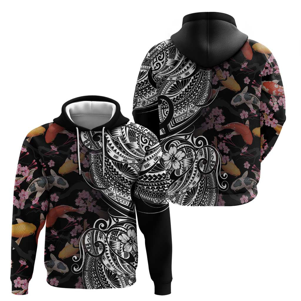 Hawaiian and Japanese Together Zip Hoodie Polynesian Triball Tattoo Koi Carps and Sakura
