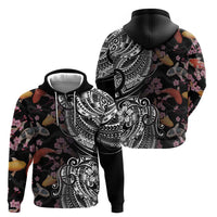 Hawaiian and Japanese Together Zip Hoodie Polynesian Triball Tattoo Koi Carps and Sakura