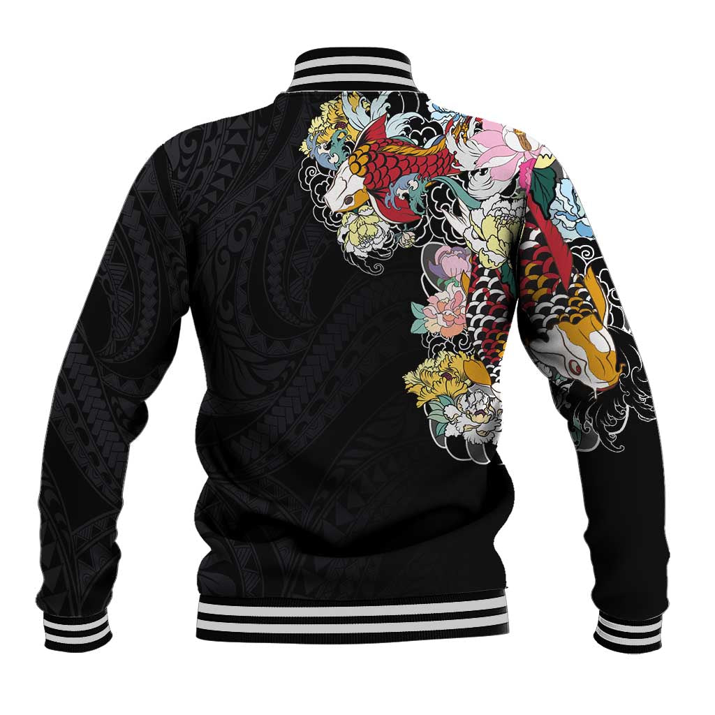 Hawaiian and Japanese Together Baseball Jacket Colorful Traditional Japanese Tattoo and Kakau Pattern Black Color