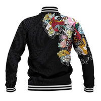 Hawaiian and Japanese Together Baseball Jacket Colorful Traditional Japanese Tattoo and Kakau Pattern Black Color