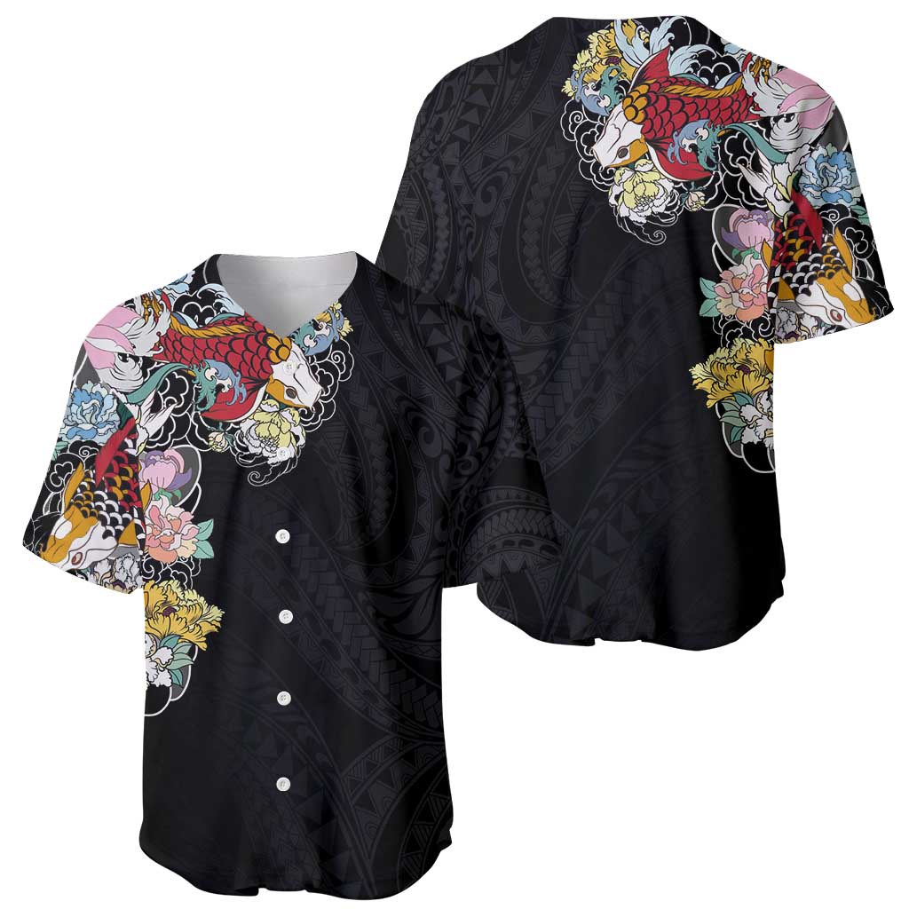 Hawaiian and Japanese Together Baseball Jersey Colorful Traditional Japanese Tattoo and Kakau Pattern Black Color