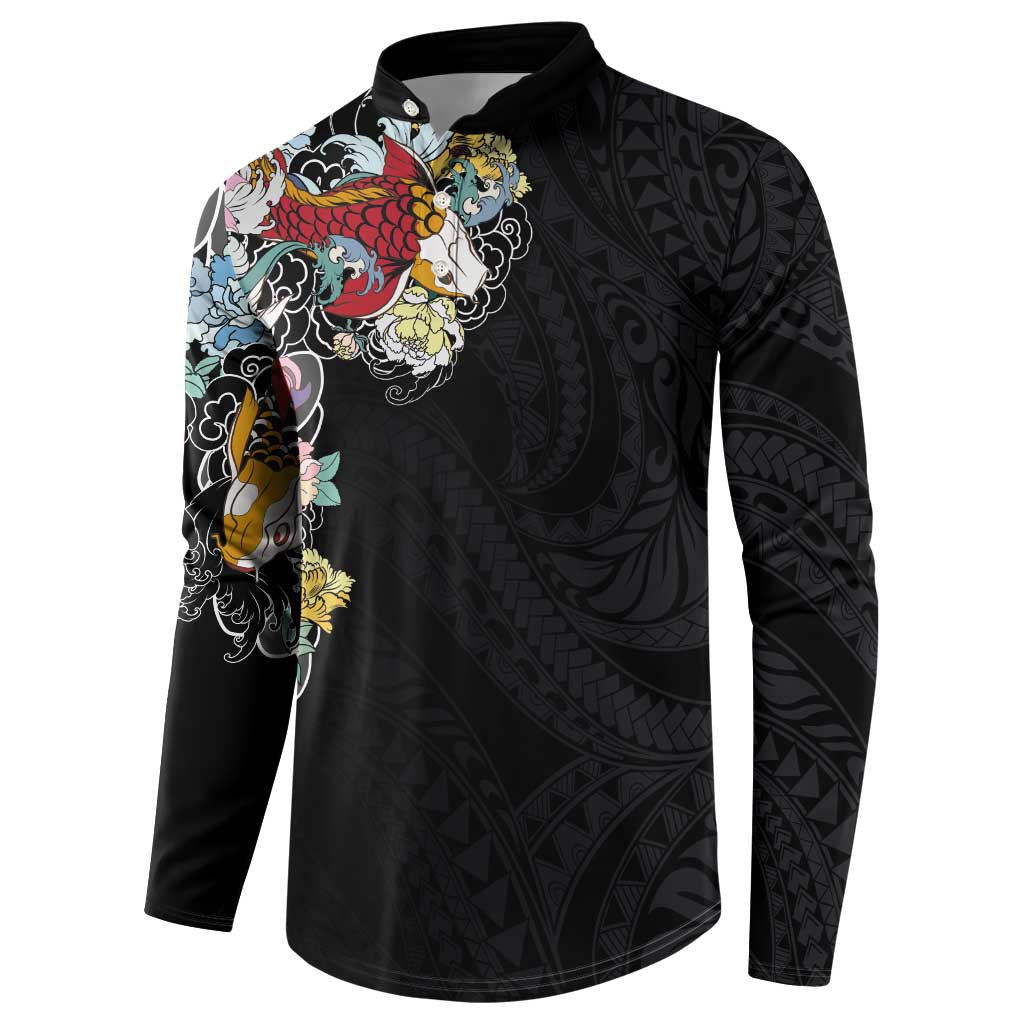 Hawaiian and Japanese Together Button Sweatshirt Colorful Traditional Japanese Tattoo and Kakau Pattern Black Color