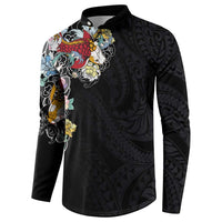 Hawaiian and Japanese Together Button Sweatshirt Colorful Traditional Japanese Tattoo and Kakau Pattern Black Color