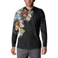 Hawaiian and Japanese Together Button Sweatshirt Colorful Traditional Japanese Tattoo and Kakau Pattern Black Color