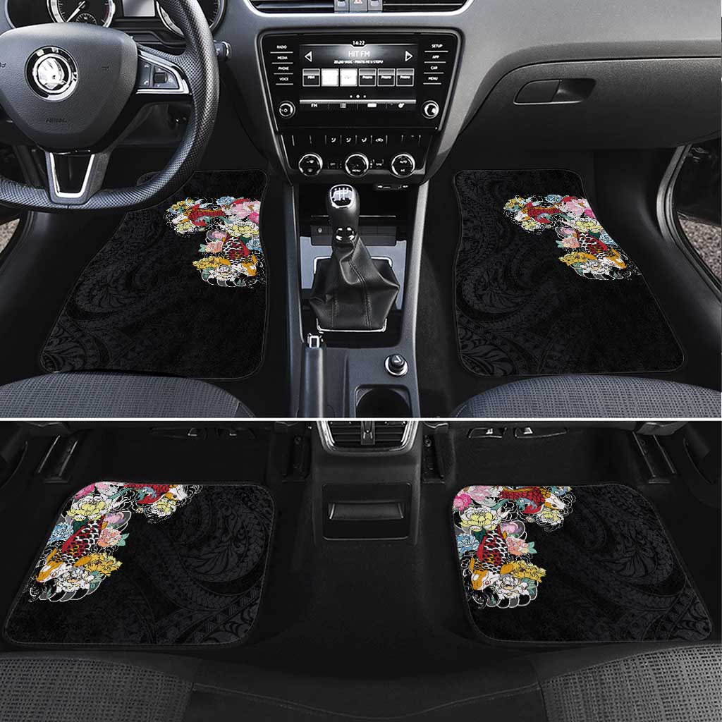 Hawaiian and Japanese Together Car Mats Colorful Traditional Japanese Tattoo and Kakau Pattern Black Color