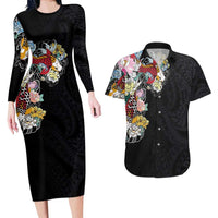 Hawaiian and Japanese Together Couples Matching Long Sleeve Bodycon Dress and Hawaiian Shirt Colorful Traditional Japanese Tattoo and Kakau Pattern Black Color