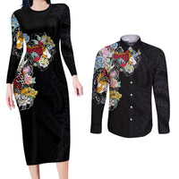 Hawaiian and Japanese Together Couples Matching Long Sleeve Bodycon Dress and Long Sleeve Button Shirt Colorful Traditional Japanese Tattoo and Kakau Pattern Black Color