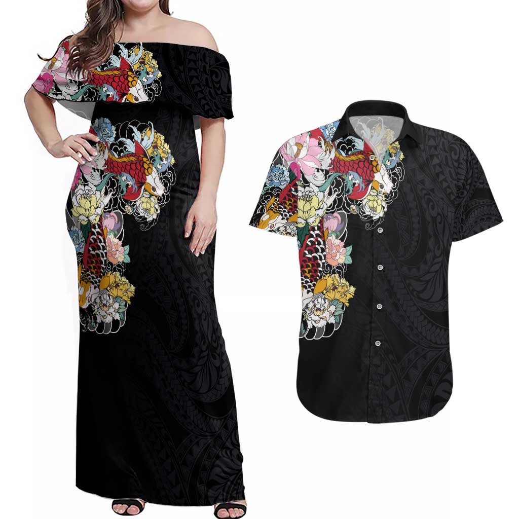 Hawaiian and Japanese Together Couples Matching Off Shoulder Maxi Dress and Hawaiian Shirt Colorful Traditional Japanese Tattoo and Kakau Pattern Black Color