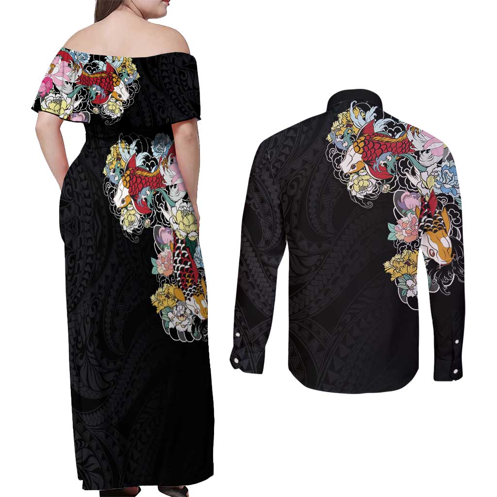 Hawaiian and Japanese Together Couples Matching Off Shoulder Maxi Dress and Long Sleeve Button Shirt Colorful Traditional Japanese Tattoo and Kakau Pattern Black Color