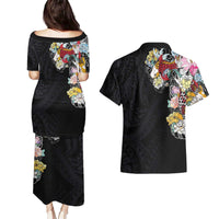 Hawaiian and Japanese Together Couples Matching Puletasi and Hawaiian Shirt Colorful Traditional Japanese Tattoo and Kakau Pattern Black Color
