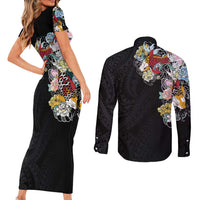 Hawaiian and Japanese Together Couples Matching Short Sleeve Bodycon Dress and Long Sleeve Button Shirt Colorful Traditional Japanese Tattoo and Kakau Pattern Black Color
