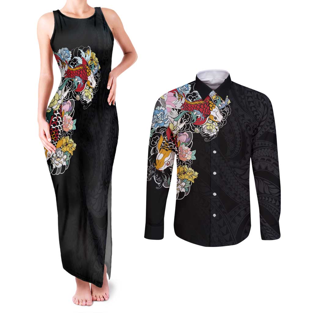 Hawaiian and Japanese Together Couples Matching Tank Maxi Dress and Long Sleeve Button Shirt Colorful Traditional Japanese Tattoo and Kakau Pattern Black Color