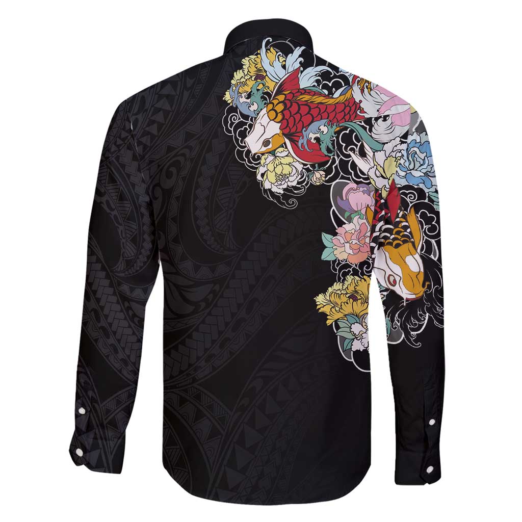 Hawaiian and Japanese Together Family Matching Long Sleeve Bodycon Dress and Hawaiian Shirt Colorful Traditional Japanese Tattoo and Kakau Pattern Black Color