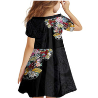 Hawaiian and Japanese Together Family Matching Mermaid Dress and Hawaiian Shirt Colorful Traditional Japanese Tattoo and Kakau Pattern Black Color