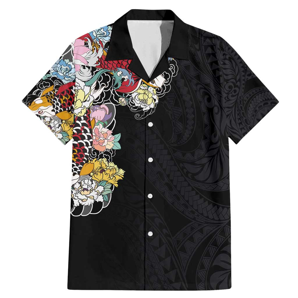 Hawaiian and Japanese Together Family Matching Mermaid Dress and Hawaiian Shirt Colorful Traditional Japanese Tattoo and Kakau Pattern Black Color