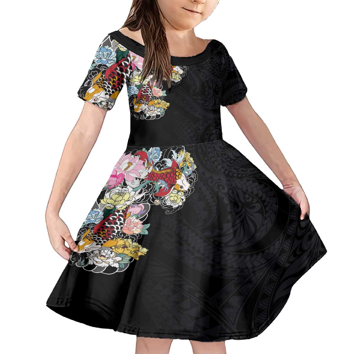 Hawaiian and Japanese Together Family Matching Puletasi and Hawaiian Shirt Colorful Traditional Japanese Tattoo and Kakau Pattern Black Color LT03 Daughter's Dress Black - Polynesian Pride
