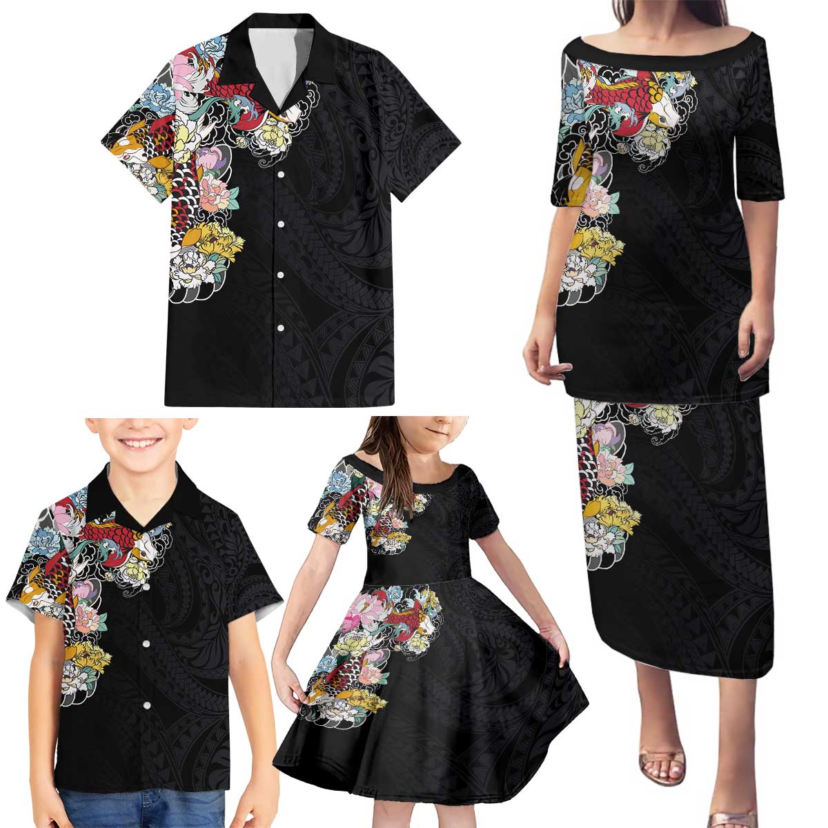 Hawaiian and Japanese Together Family Matching Puletasi and Hawaiian Shirt Colorful Traditional Japanese Tattoo and Kakau Pattern Black Color LT03 - Polynesian Pride