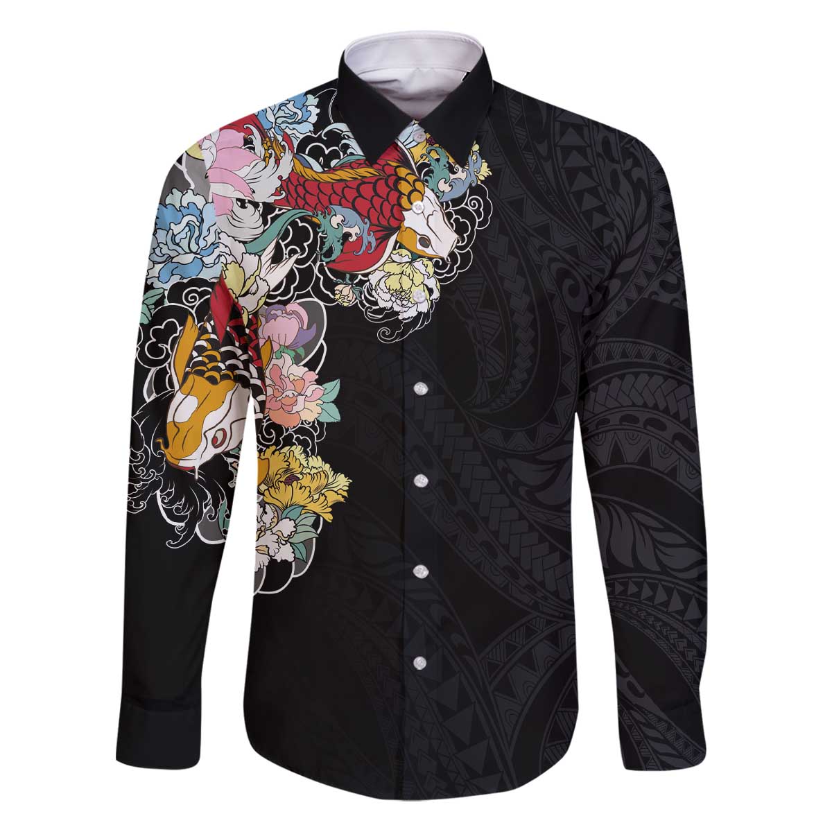 Hawaiian and Japanese Together Family Matching Puletasi and Hawaiian Shirt Colorful Traditional Japanese Tattoo and Kakau Pattern Black Color LT03 Dad's Shirt - Long Sleeve Black - Polynesian Pride