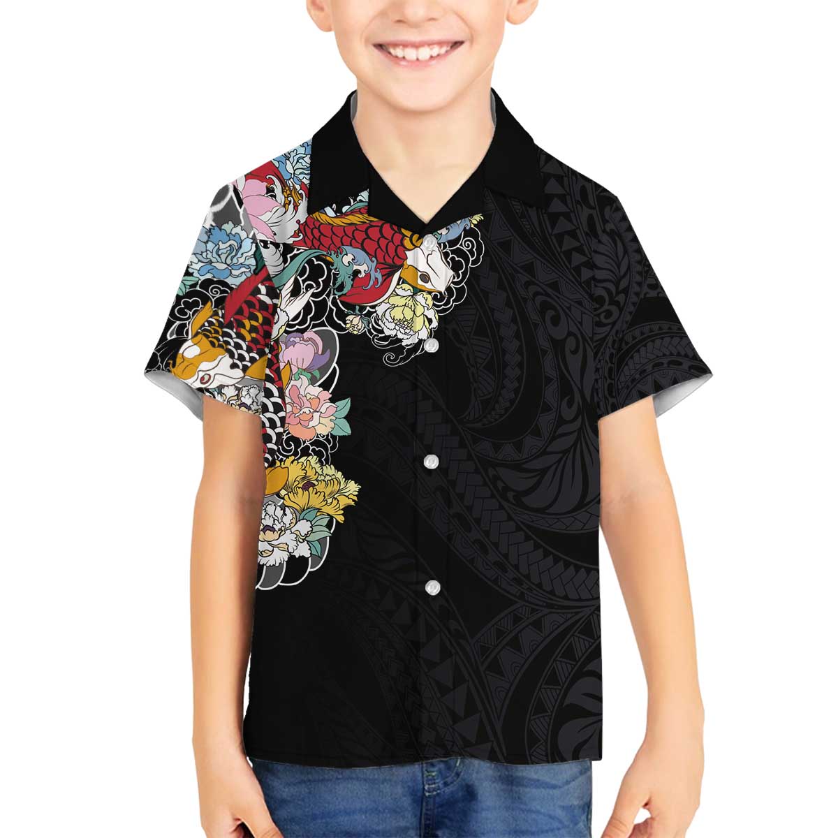 Hawaiian and Japanese Together Family Matching Puletasi and Hawaiian Shirt Colorful Traditional Japanese Tattoo and Kakau Pattern Black Color LT03 Son's Shirt Black - Polynesian Pride