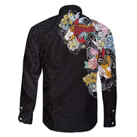 Hawaiian and Japanese Together Family Matching Short Sleeve Bodycon Dress and Hawaiian Shirt Colorful Traditional Japanese Tattoo and Kakau Pattern Black Color