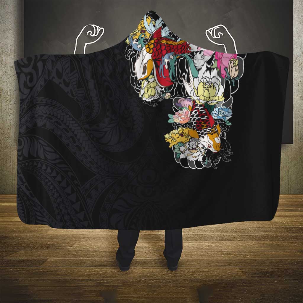 Hawaiian and Japanese Together Hooded Blanket Colorful Traditional Japanese Tattoo and Kakau Pattern Black Color LT03 - Polynesian Pride