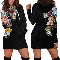 Hawaiian and Japanese Together Hoodie Dress Colorful Traditional Japanese Tattoo and Kakau Pattern Black Color