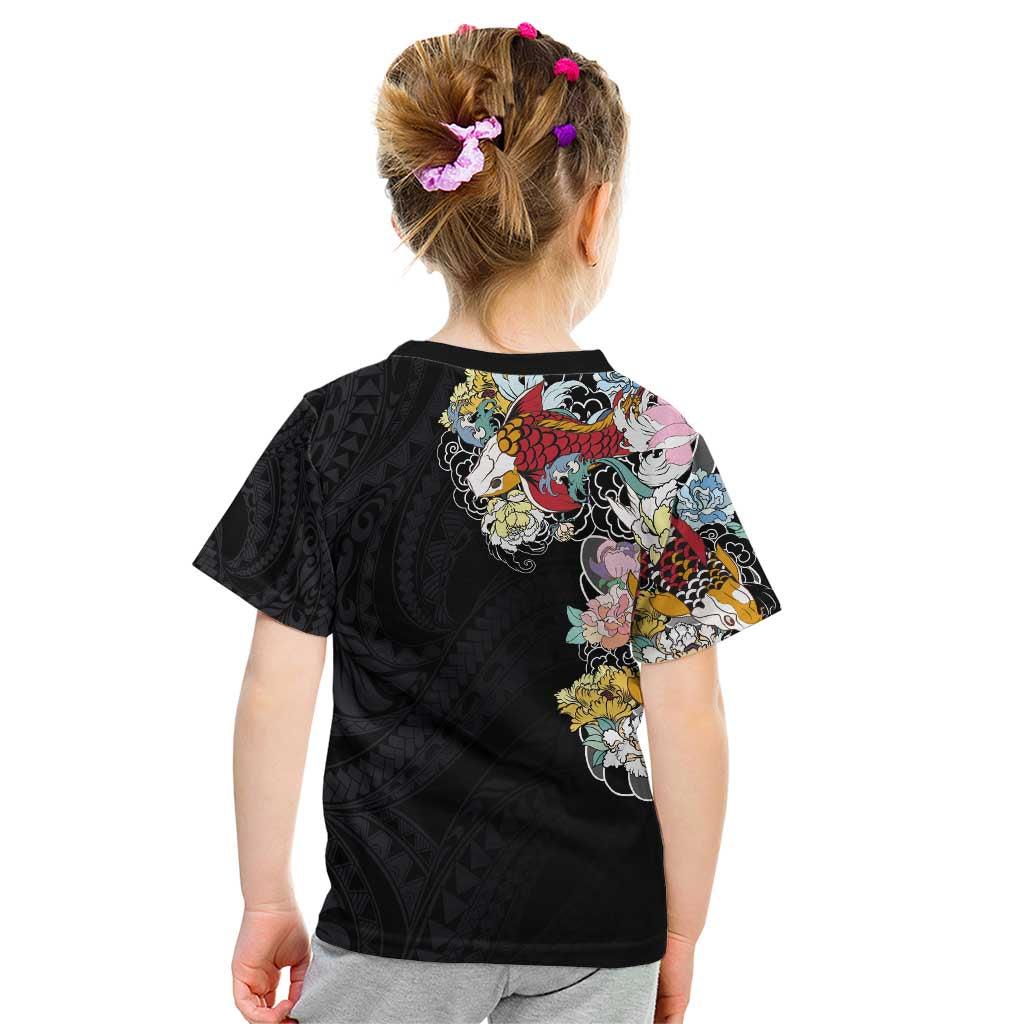 Hawaiian and Japanese Together Kid T Shirt Colorful Traditional Japanese Tattoo and Kakau Pattern Black Color